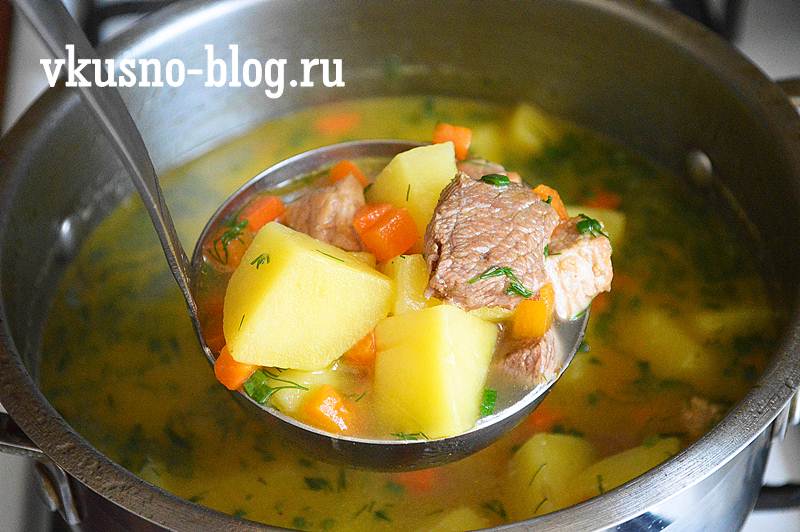 Картофельный суп с жареным мясом